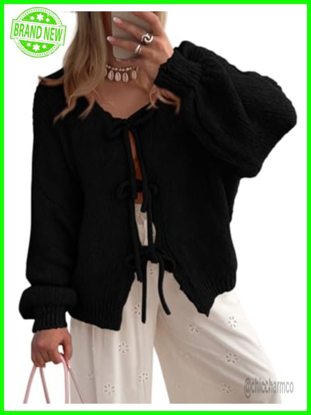 Tie Front Bow Cardigan Sweater Puff Sleeve Cable Knit Women